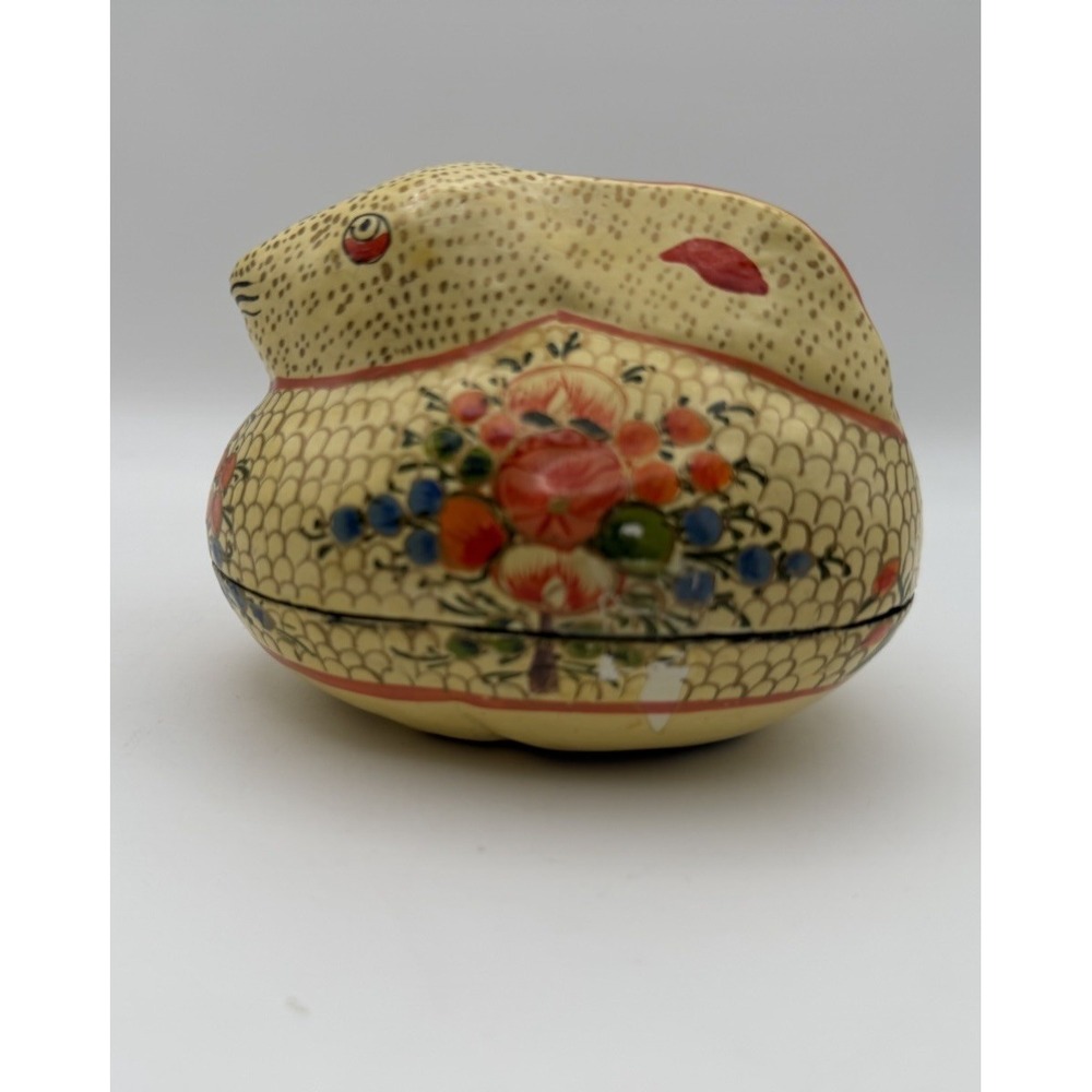 Vintage Paper Mache Bunny Rabbit Trinket Box Hand Painted Floral Easter Decor